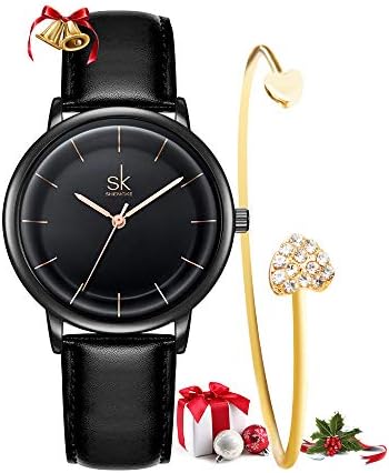 SHENGKE Women's Watch Bracelets Set, Ladies Watches with Leather Strap, Waterproof Quartz Watch, Easy Read Dial with Second Hand, Black, Quartz Watches