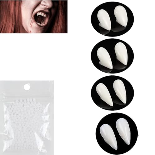LiJuanWang Dents de Vampire,4 Paires Crocs Dents Fausses Crocs de Vampire Canines Dents de Vampire avec pastilles adhésives,Vampire Fangs pour Costume d'halloween(13/15/17/19 mm)