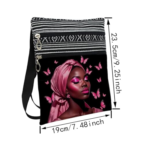 African American Messenger Bag Small Ethnic Pattern Printed Adjustable Strap Crossbody Zipper Pouch Pink Butterfly Phone Organizer Wallet Cute Shoulder Handbag for Black Women2