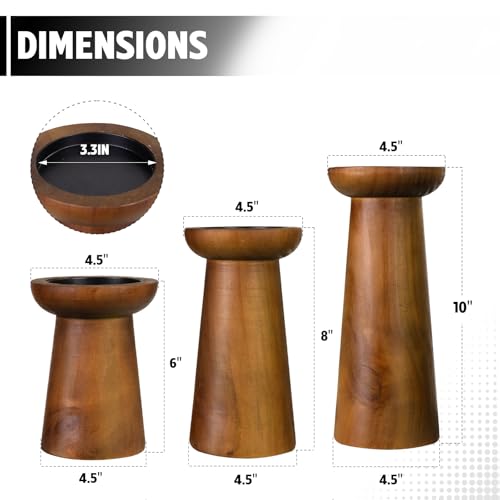 Pillar Candle Holders Set of 3, Wooden Candle Holders, Decorative Wood Candlestick Holders for Living Room, Table Centerpiece for Wedding, Christmas, Party, Home - 6", 8", 10" - Image 4