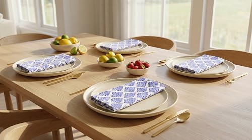Image of PurpleEssences Scalloped Cloth Napkins 18x18 in - Floral Paisley Edges Blue