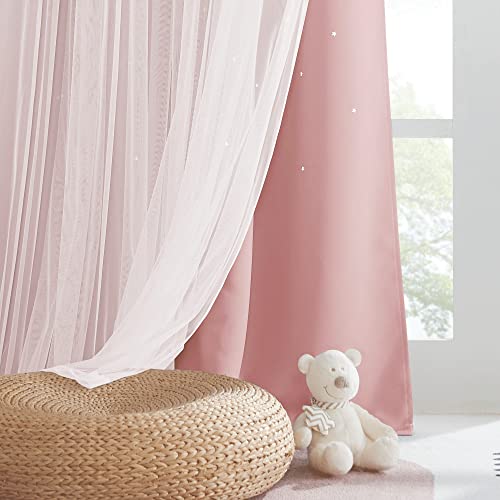 Pony Dance Star Curtains For Girls Bedroom - Double Layer Sheer Overlay With Bowknot Lace For Kids Room Decor Princess Star Hollow Out, 52" W X 84" L, Rose Blush, 2 Pieces #TOP7