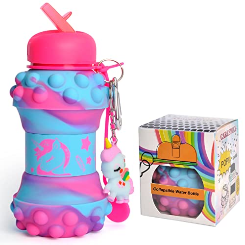 CARESWAY Kids Water Bottle with Keyring – 500ml Girls & Boys Drinks Bottle - Foldable Collapsible BPA Free Childrens Water Bottle - Kids Water Bottles for School - Unicorn Gift