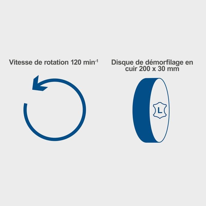 Diagram showing rotation speed of 120 min-1 and leather deburring disc dimensions of 200x30mm