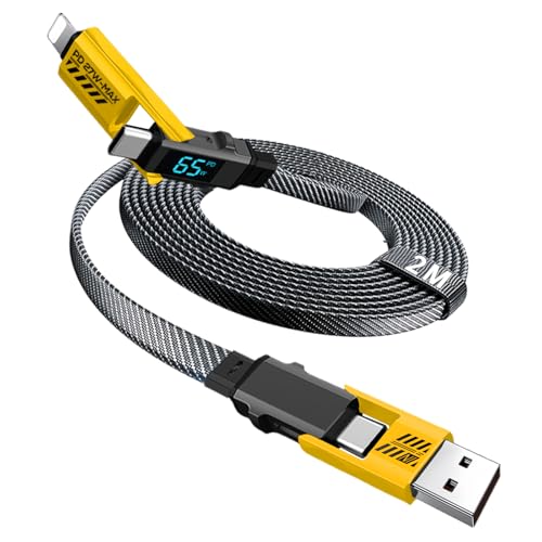 4-in-1 USB C câble avec affichage de puissance, 65W 3A Câble à charge multiple en Nylon plat avec Synchronisation de données,USB A/C à USB Port C/L compatible avec iPhone 17/16/15/MacBook/Tablet/Samsung S25 Téléphone & Encore, 2M