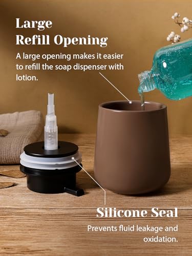 Autumnlife Seifenspender Keramik, Matt Braun Spülmittelspender Küche Seifenspender mit Groß Pumpenkopf, Nachfüllbar Flüssigseifenspender für Handseife,Shampoo,Duschgel,Küche,Bad - 350ml 4