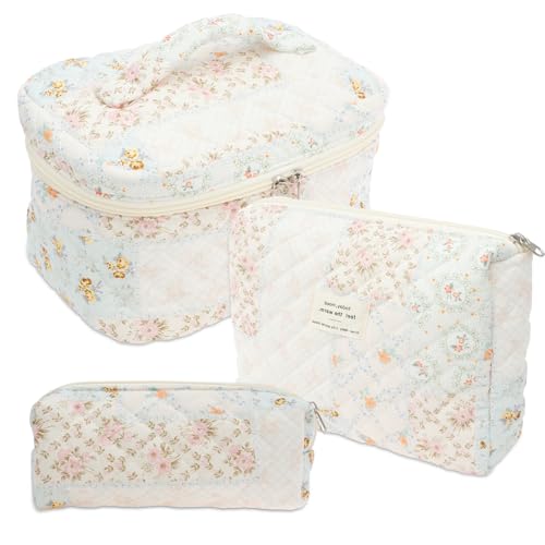 Harupink Set di 3 beauty case da bagno da donna con motivo floreale – astuccio portatile in cotone – astuccio da toilette per donna e ragazza – per il quotidiano e i viaggi
