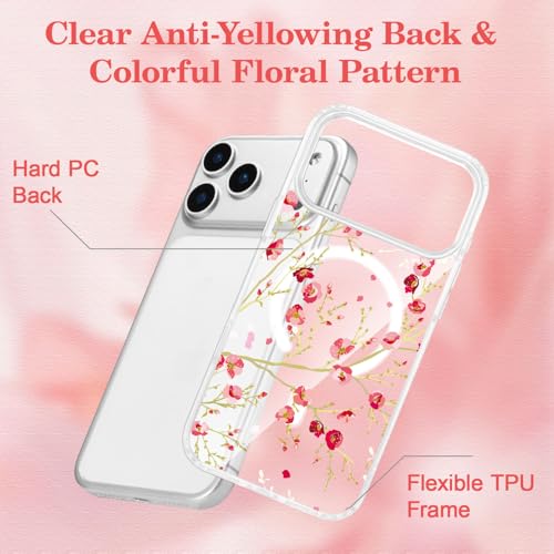 Étui iPhone 17 Pro à fleurs rouge compatible MagSafe, idée cadeau femme