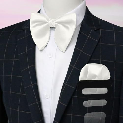 Image of Oversized Bow Ties for Men, Pre-Tied Bow Tie and Handkerchief with Pocket Square Holder Set for Wedding Party Daily