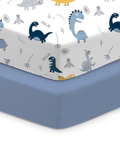 Image of TotChill Baby Crib Sheets Boy Girl for Standard Crib Mattress - Dinosaur+Blue, Soft and Stretchy, Snug and Cozy, Fits 28''x52''x9'' Extra Deep Pocket