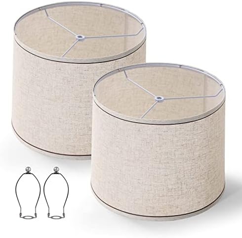 Eidonta Set of 2 Beige Lamp Shade Drum Lampshades for Table Lamp, 11.8"x12.6"x9.8", Medium Fabric Natural Linen Hand Crafted Lampshades, Double Shade Replacements for Floor Lamp, Spider Fitter