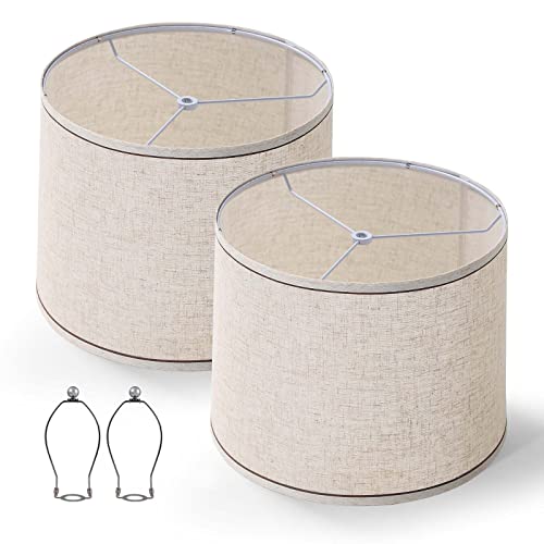 Eidonta Set Of 2 Beige Lamp Shade Drum Lampshades For Table Lamp, 11.8"X12.6"X9.8", Medium Fabric Natural Linen Hand Crafted Lampshades, Double Shade Replacements For Floor Lamp, Spider Fitter #TOP13