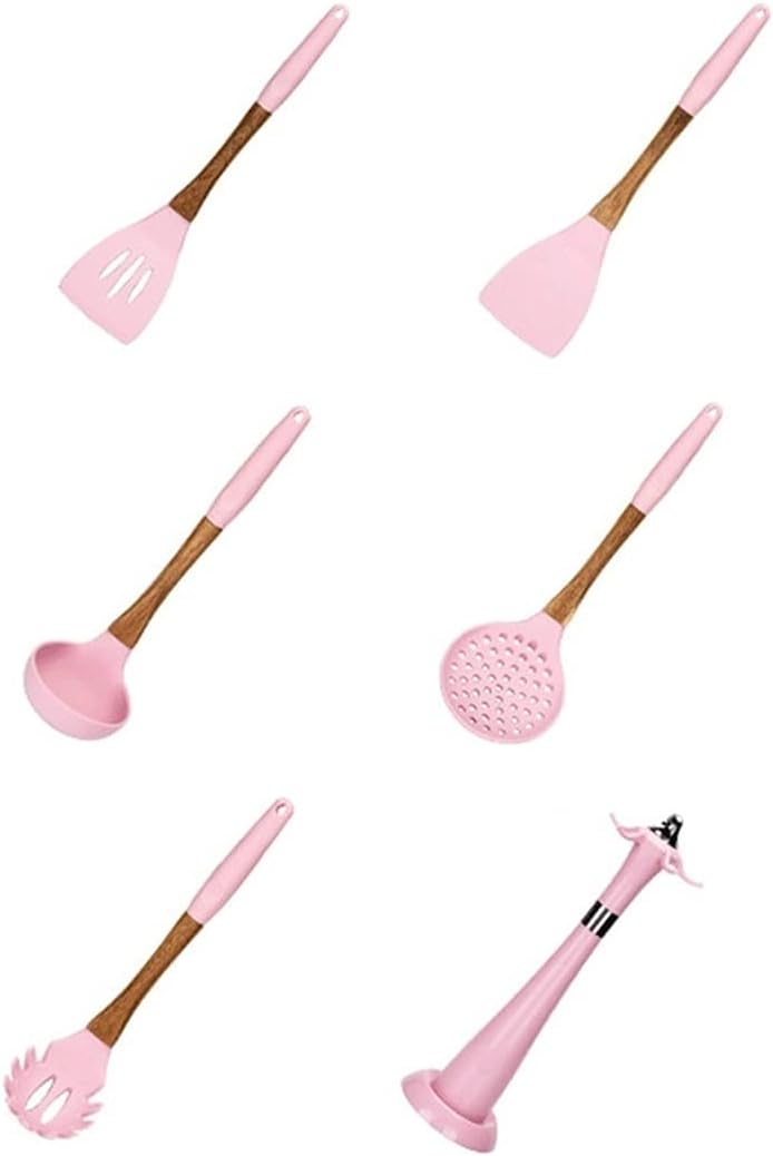 6 PCS Pink Cooking Tools Set Premium Silicone Kitchen Cooking Utensils Set With Storage Box Tongs Spatula Soup Spoon
