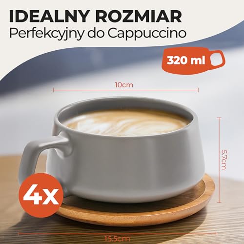 MIAMIO 320 ml, Zestaw 4 Ceramicznych Filiżanek do Herbaty i Spodków Bambusowych - Szeroki Kubek do Cappuccino, Kawy, Latte, Espresso