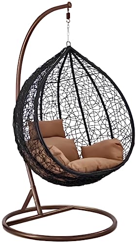 Image of Hindoro Rattan Wicker Wrought Iron Single Seater Swing Chair with Stand & Cushion & Hook Outdoor || Indoor || Balcony || Garden || Patio || Living Outdoor Furniture (Black with Brown, Oval)