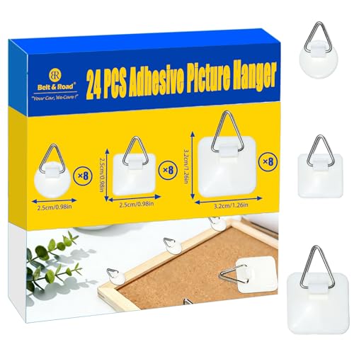 24 Pcs Adhesive Picture Hanger Foam Board Picture Hanging Hooks Without Nails Plastic Sticky Photo Hooks for Home Wall Art Photo Frame Bathroom Closet No Wall Damage(Round,Square)