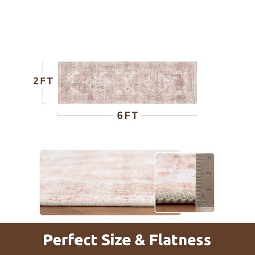 AMOAMI-2X6 Runner Rug-Washable Runners for Hallways-Soft Non Slip Bedside Rugs for Bedroom-Vintage Long Rug for Hallways Entryway Laundry Room Stair Kitchen Bathroom Pink
