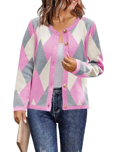 Saodimallsu Womens Color Block Cardigan Button Down Crewneck 2024 Fall Trendy Open Front Long Sleeve Sweater Jacket