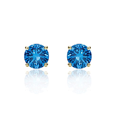 Solid 14K Gold Studs 3Mm Round Cubic Zircornia Basket Setting Screwback Stud Earrings, Dec-Topaz Blue #TOP7
