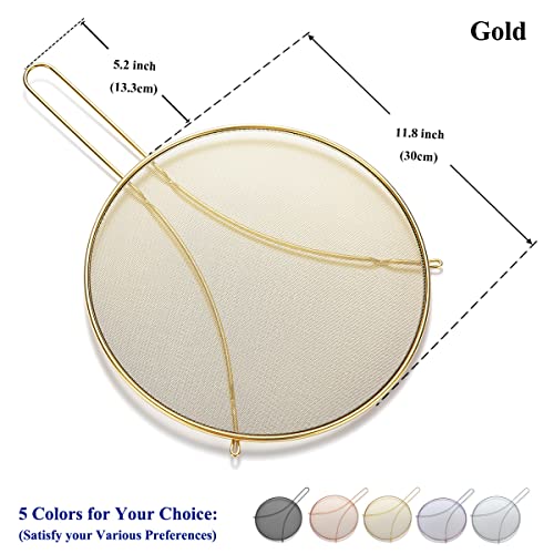 Gold Splatter Screen For Cooking 11.8'', Stainless Steel Grease Splatter Guard For Frying Pan, Fine Mesh Splatter Screen With Resting Feet, Comfort Grip Handle, Safe Cooking Lid, Keeps Kitchen Clean #TOP1