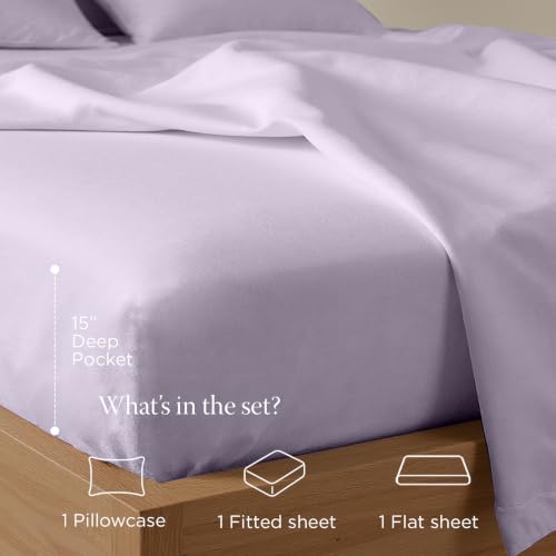Image of Threadmill 300 Thread Count Cotton Twin Sheet Set, Sateen, Solid, Lilac | 100% Cotton, Sateen Weave, 3-Piece Set, 16 inch Deep Pocket, Cooling, Breathable, OEKO-TEX Certified, Machine Washable