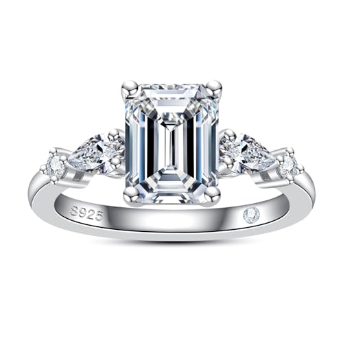 AnuClub Emerald/Radiant Cut Moissanite Engagement Rings 3CT Center Stone D Color VVS1 925 Sterling Silver Pear Cut Side Stone Wedding Promise Anniversary Ring for Women With Certificate