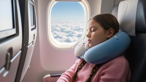 Image of Soft and Comfortable Cartoon Designed U-Shaped Kids Travel Neck Pillow for Airplane Car Flight Head Neck Support for Boys and Girls (Pack of 1, Blue)