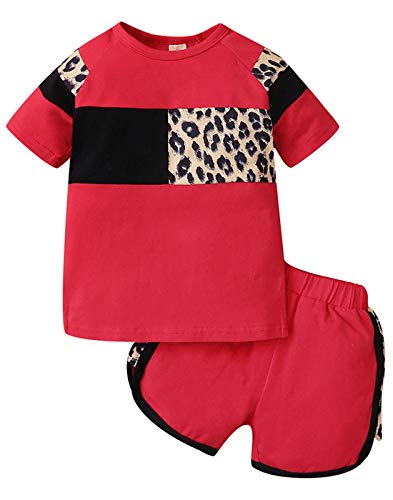 LAPA Baby Girls 2 Pieces Outfit, Leopard Printed t-Shirt + Short Pant Play-wear Set for 6 Months - 4 Years Red