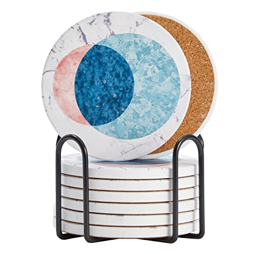 Juvale Marble Moon Design Coaster Set of 8 with Holder - 4 in, White Ceramic - Cup & Drink Coasters for Coffee Table Decor & Housewarming Gift