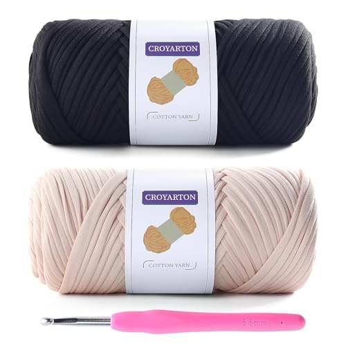 Image of 2 Pack T Shirt Yarn for Crocheting with 1 Crochet Hook, Elastic Tshirt Yarn for Crochet Bag /Baskets /Home Decor, Spaghetti Yarn Thick Knitting Yarn Total Length 130 Yds, Weight 14 Oz (Black+Beige)