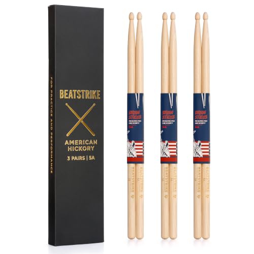 5A Drumsticks – American Hickory – 3 Pair Pack – Durable, Well-Balanced Drum Sticks for Practice, Studio & Live Performance – BEATSTRIKE by BEATSTRIKE - Used condition - US$16.79