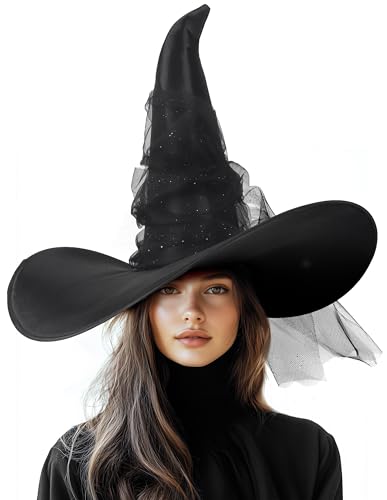 UQJE Women's Witch Hat, Oversized Mesh Halloween Costume Hat, Black, 24in