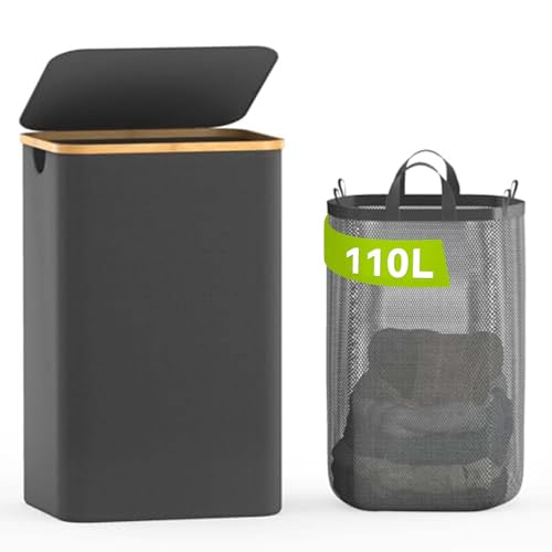 Image of Bathola 110L Laundry Hamper with Lid, Dirty Clothes Hampers for Laundry, Collapsible Laundry Baskets for Small Spaces, Bedroom, Bathroom, Laundry Room, Grey