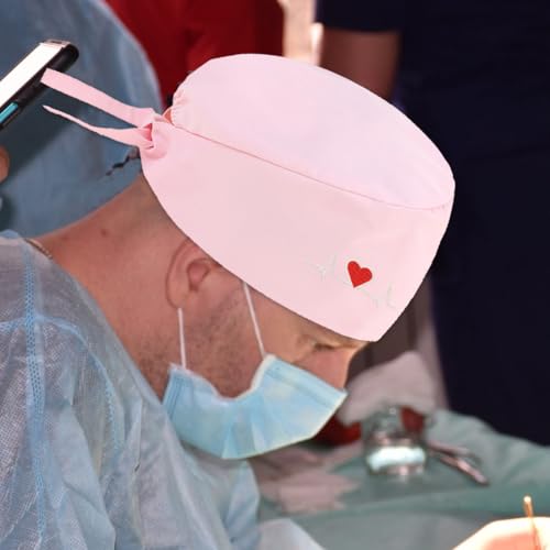 AOEVUIR 1 Pcs Chirurgenmütze für Frauen Männer Baumwolle mit verstellbarem Stirnband Chirurgisches Stirnband Krankenschwester Bandana Stickerei Herz Rosa