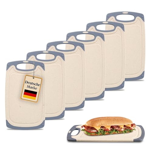 KPYTO kleine Frühstücksbrettchen 6er Set, 25 x 15 cm, Schneidebrett Set, beidseitig, rutschfest mit Saftrille, creme Brettcchen mit grauem Rand, Brettchen, Brotzeitbrett (cream-gray)