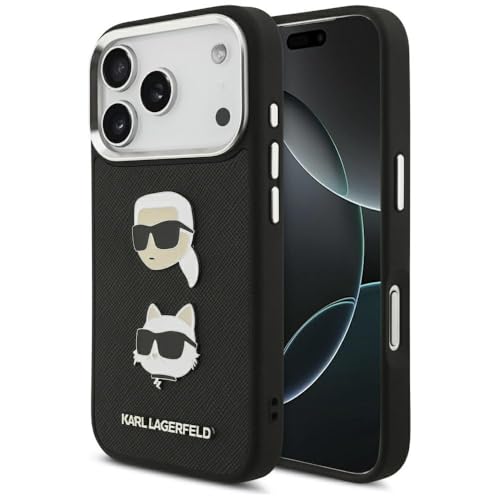 Coque iPhone 17 Pro Karl Lagerfeld noire anti-rayures à motifs pins en relief