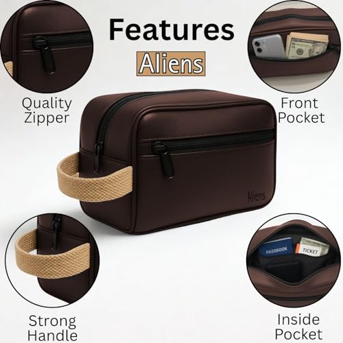 Image of Aliens Multipurpose Travel Organizer Vegan Leather Pouch for Men and Women, Hanging Dopp Kit, Water-Repellent Bag for Toiletry, Shaving Kit, Cosmetics & Makeup, Jewellery, Gadget, Accessories-Brown