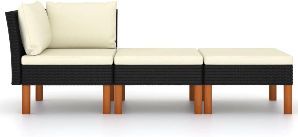 vidaXL 3 Piece Patio Lounge Set - PE Rattan and Eucalyptus Wood Construction - Comfortable Cushions - Easy-to-Clean, Washable Cushion Covers - Lightweight Design - Ideal for Outdoors, Black