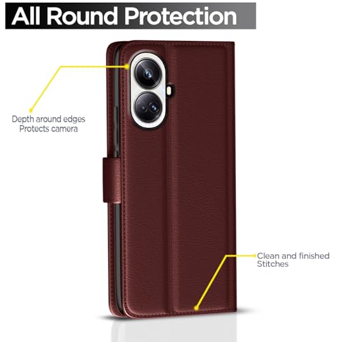 Image of Pikkme Flip Cover Leather Finish | Inside TPU with Card Pockets | Wallet Stand and Shock Proof | Complete Protection Button Flip Case for Realme 10 Pro Plus 5G (Brown)
