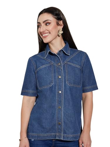Image of Miss Chase Women's Round Neck Half Sleeves Cotton Lace and Pearl Detailing