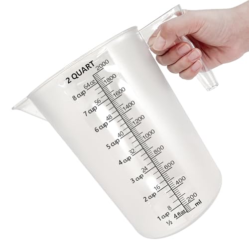 Plastic Measuring Cup with Handle, Pool Chemical Measuring Cup, Measuring Pitcher with Laser-Etched Markings for Liquid Mixing, Pouring, Lawn Care, Motor Oil, Lab Use (64 oz, 2000ml)