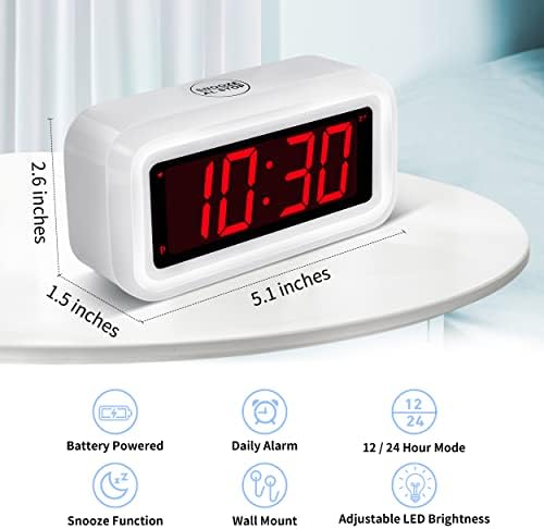 KWANWA Cordless Digital LED Alarm Clock With Big 1.2'' LED Time Display,AA Battery Operated Only,Can Be Placed Anywhere Without A Cumbersome Cord,White Colour