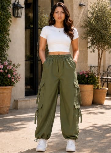 Image of SQew Women's High Waist Baggy Cargo Pants | Loose Fit Parachute Utility Trousers with Multiple Pockets | Casual Streetwear Pants