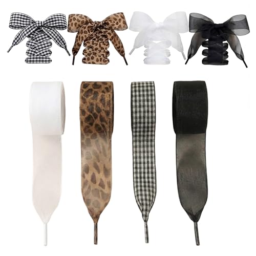 HFEOIEN 4 pair Ribbon Shoe Laces for Womens Sneakers Ldeal Choice for Cute Style Solving Boring Footwear Problems Set Lncludes Black and White Silk Plaid Design Leopard Print 47 In Long
