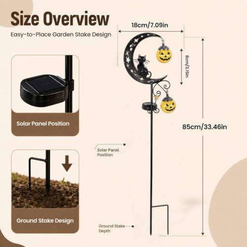 Solar Halloween Black Cat & Pumpkin Moon Garden Stake Light, Metal Crescent Moon & Pumpkin Lantern, Outdoor Waterproof LED Yard Decoration with Crescent Moon, for Patio Lawn Path Yard (C #) - image 2