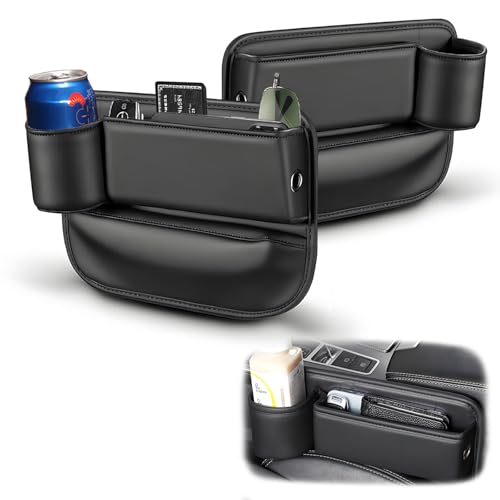 Car Seat Gap Filler Organizer, Universal Premium Leather Seat Organizer with Cup Holder, Seat Gap Storage Box with Bottle Holder, Car Gap Bag Front Center Console Seat (Driver+Passenger 2 Pack)