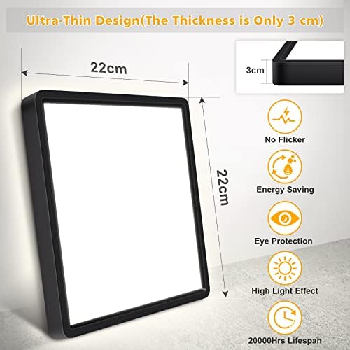 Defurhome LED Ceiling Light,18W 1500LM,100W Equivalent,Waterproof IP54,4000K Natural White, Modern Square Flush Mounted Lighting Fixture for Bathroom,Kitchen,Office,Hallway,Bedroom,22cm(Black)