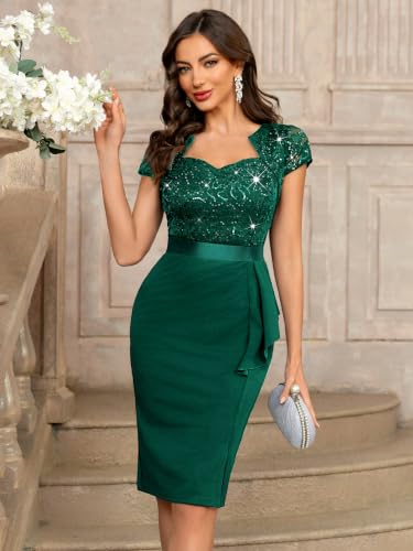 Image of Miusol Women's Elegant Square Neck Glitter Sequin Lace Cocktail Dress | Sparkly sequin lace, bodycon fit, chic ruffle, women dress perfect for wedding guest, cocktail and semi formal events