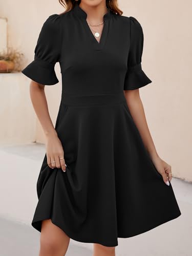 Mokayee Black Funeral Dresses For Women Summer Ruffle Short Sleeve V-Neck Fit And Flare Knee Length Flattering Church Cocktail Teacher Aline Business Casual Professional Work Wedding Guest Dress L thumb #1