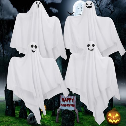 Hanging Ghosts Outdoor Decorations 4 Pack 28 Cute Flying Ghosts - Halloween Decor for Home Tree Porch Patio Lawn Garden Party & Holiday